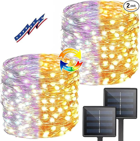 (Warm White ⇋ Multicolor) Solar Christmas String Lights Outdoor, 2-Pack 80FT 200 LED Waterproof Copper Wire, Solar Twinkle Lights with 8 Modes Solar Fairy Light for Tree Garden Wedding Christmas Decor