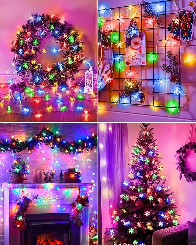 Brightown Solar Christmas Snowflake String Lights, 72FT 200 LED Outdoor Waterproof Fairy Lights with 8 Lighting Modes for Wedding, Party, Tree, Room, Garden, Patio, Yard, Home, Muliticolor