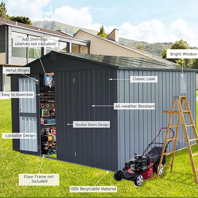 Domi Backyard Storage Shed 11β x 12.5β with Galvanized Steel Frame & Windows, Outdoor Garden Shed Metal Utility Tool Storage Room with Lockable Door for Patio(Dark Gray)