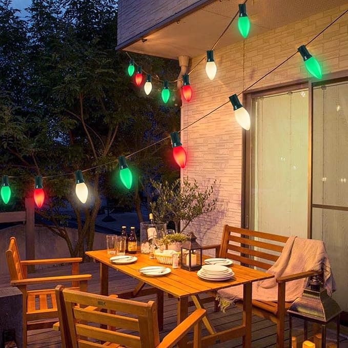 C7 Christmas String Lights, 25Ft Outdoor Decorations With 27 LED Red White and Green Shatterproof Bulbs, Hanging Patio Lights for Tree Backyard Holiday Party Decor