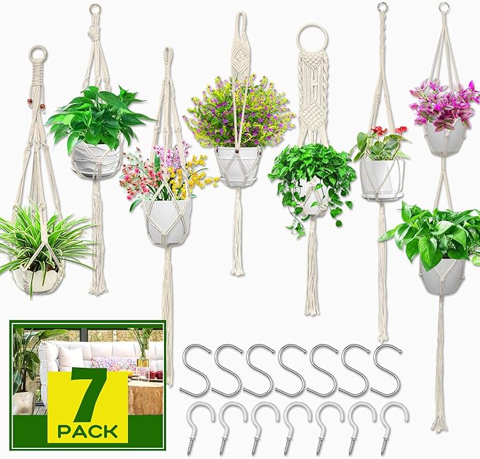 IGaiety Macrame Plant Hanger,7 Pack Plant Hanger Indoor Hanging Macrame Planters with 7Pcs Ceiling and S Hooks-Handmade Macromay Plant Hanger Outdoor Macrame Plant Holder for Boho Home Decor