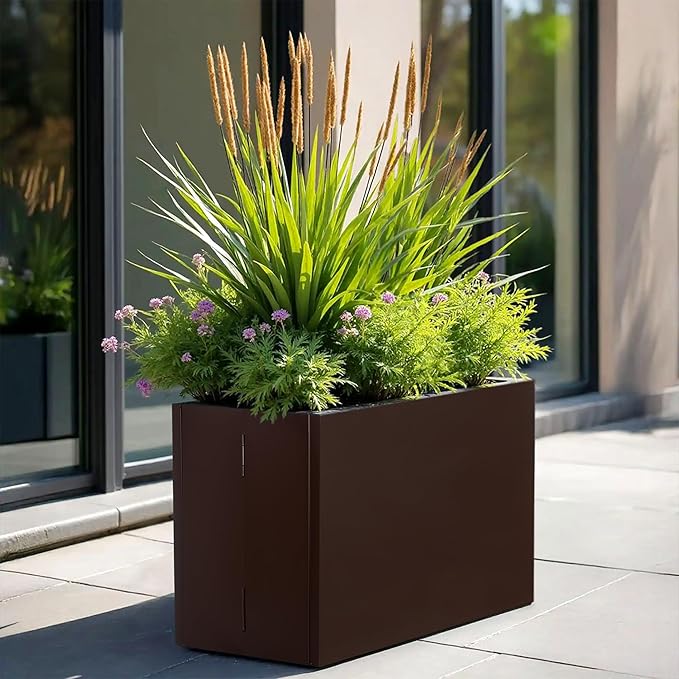 Galvanized Steel Rectangular Planter, 16"x 12"x 12" Small Planters for Outdoor Plants, Brown Outdoor Planter with Drainage Holes