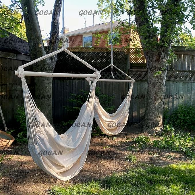 Hammock Chair Large Hammock Swing,110 X 150cm Load 150kg,Cotton Hanging Chair Hardwood Spreader Bar Wide Seat Swing Chair (Beige)