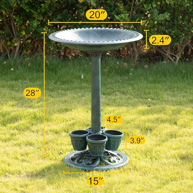 Bird Bath for Outside with 4 Removable Flower Planters 28in Polyresin Lightweight Vintage Birdbath Stake Standing Bowl and Water Feeder Yard Gardan Decor Green