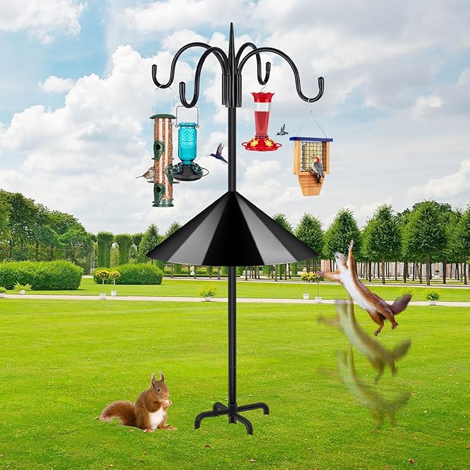 FEED GARDEN 92 Inch Adjustable Shepherd Hooks with Squirrel Baffles Heavy Duty Garden Hooks 5-Prong Base Bird Feeder Pole with Four Hooks for Hanging Plant Baskets Solar Lights Lanterns