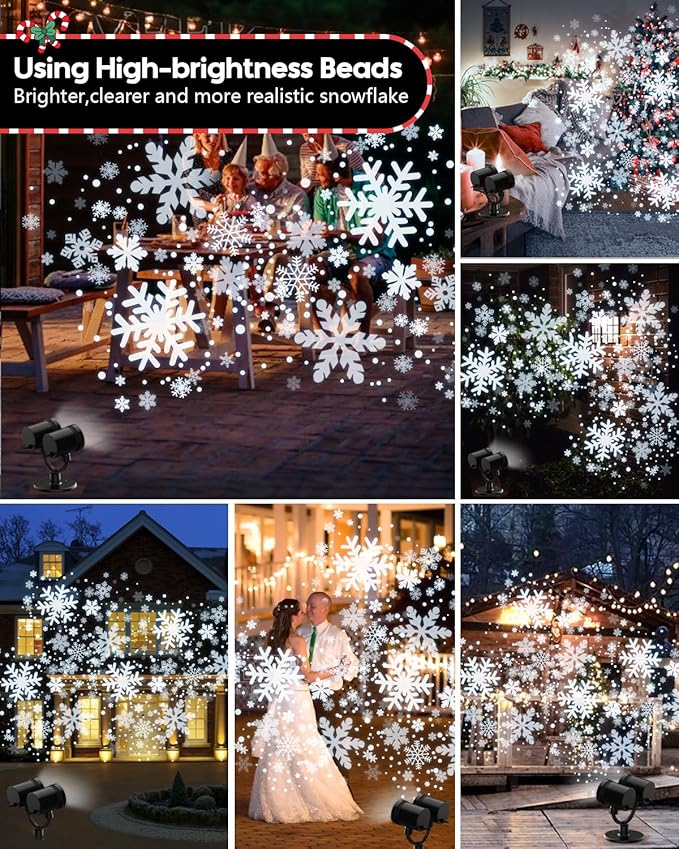 Christmas Projector Lights Outdoor,IP65 Waterproof Snowflake Projector Lights,Rotating Snowfall Brighter LED Landscape for Xmas Holiday Home Decor Indoor Outdoor Garden Party Decoration