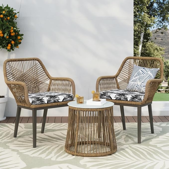 Favoyard Outdoor Chair Cushion 24 x 24 x 4 In Waterproof Pattern Fade Resistant Cushions for Patio Furniture with Removable Cover Attach Straps 28D Foam Insert Cushions Pads for Seat Sofa Couch 2 Pack