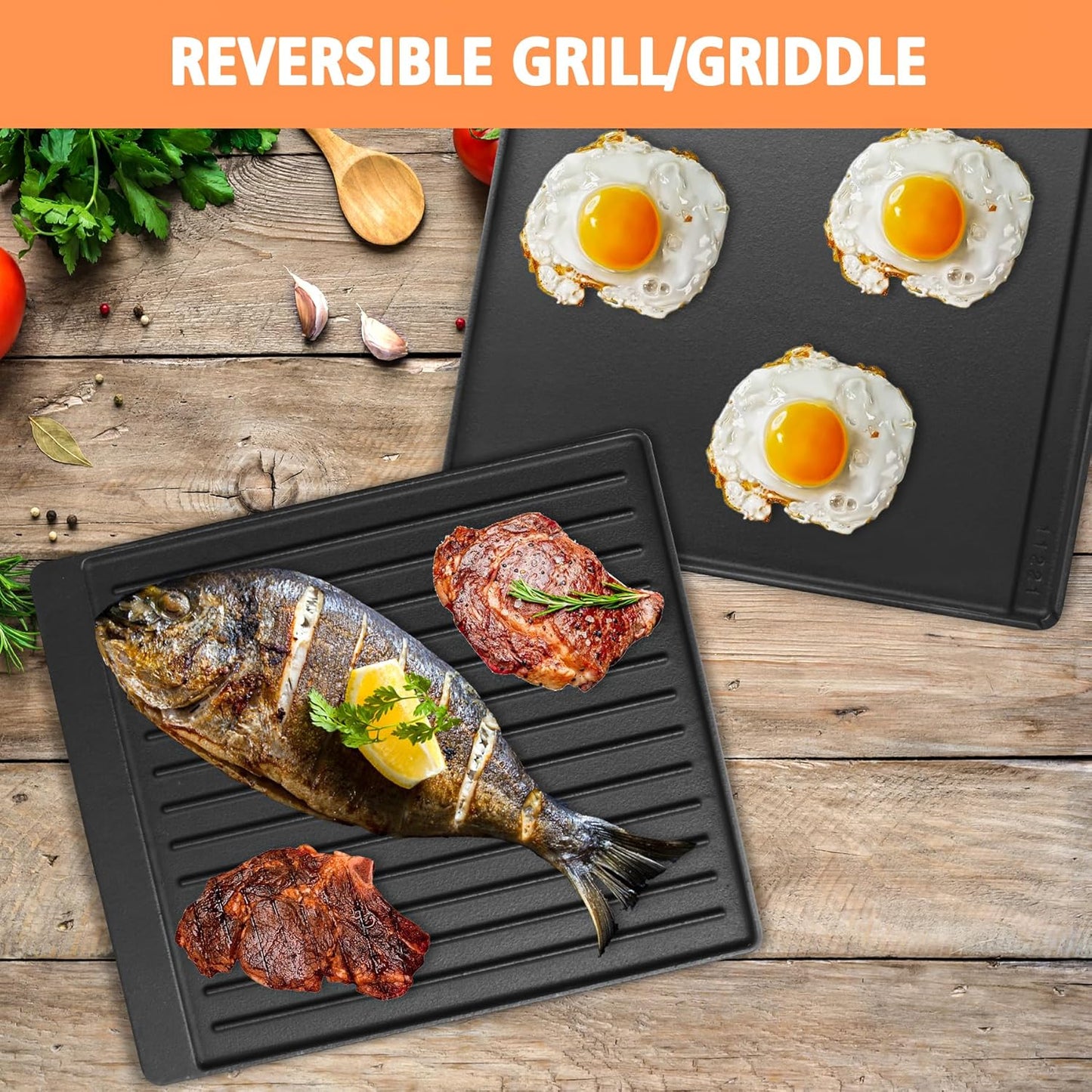 2-in-1 Reversible 15” x 12.8” Pre-Seasoned Cast Iron Cooking Griddle for Gas Stove/Charcoal/Electric/Propane/Gas Grill, Flat Griddle Top Plate for Broil King Crown and Signet Series Grill