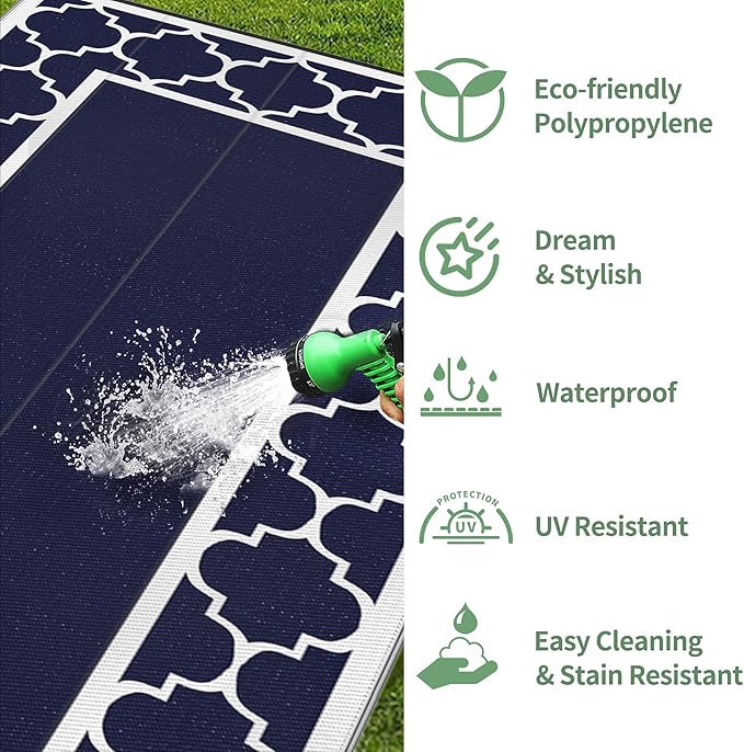 GENIMO 10' x 14' Outdoor Rug Waterproof for Patio, Foldable Reversible Plastic Straw Area Rugs Mat for Rv Decor, Outside Carpet for Camper, Deck, Picnic, Beach, Balcony, Porch, Blue & White