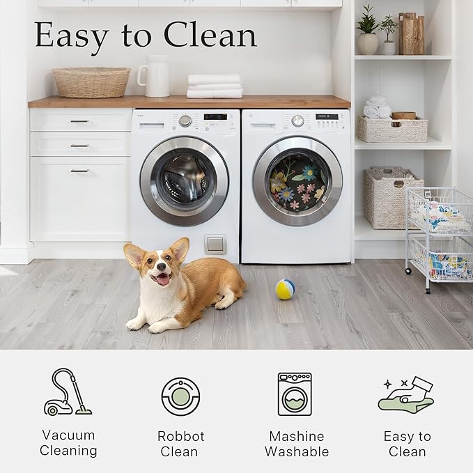 GENIMO Indoor Outdoor Area Rug 2' X 5' Waterproof, Washable Runner Rug Non Shedding, Easy Cleaning Floral Outdoor Carpet for Patio, Living Room, Bedroom, Entryway, Porch, Dining Room, Black