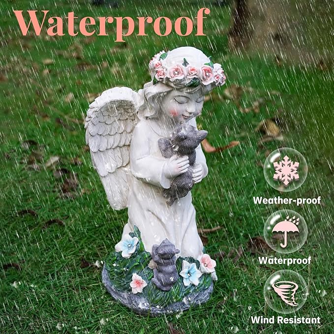 Angel Gifts for Women, Solor Statue for Garden, Angel and Cat Figurine with Lights, Outdoor Decorations for Yard Lawn Patio, Gifts for Mom Grandma Mother in Law Gardener Mother'Day
