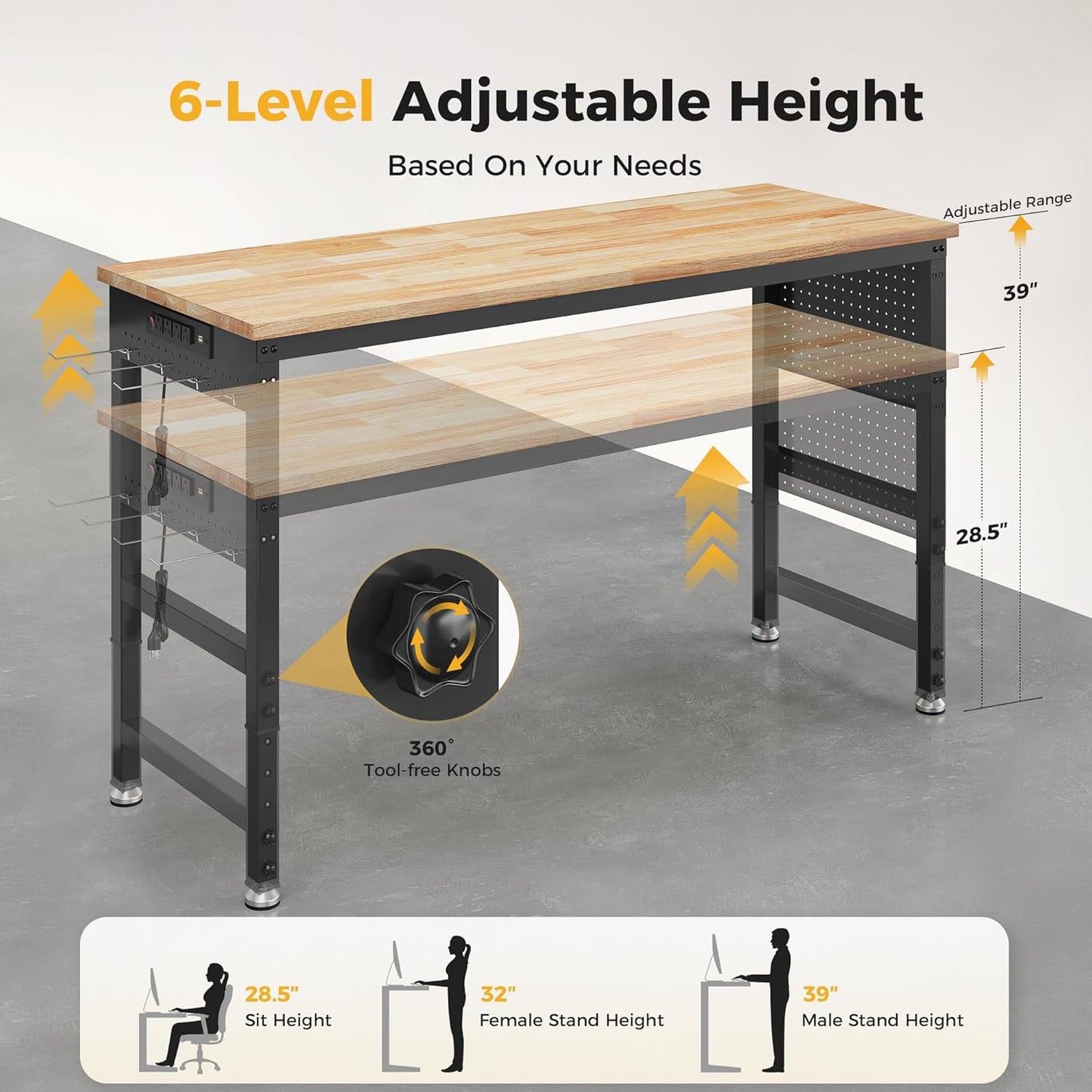 60" Adjustable Heavy Duty Workbench, 2000 LBS Load Capacity Rubber Wood Work Table with Pegboard, Power Outlets, Work Bench for Garage, Workshop, Office, Home, Commercial