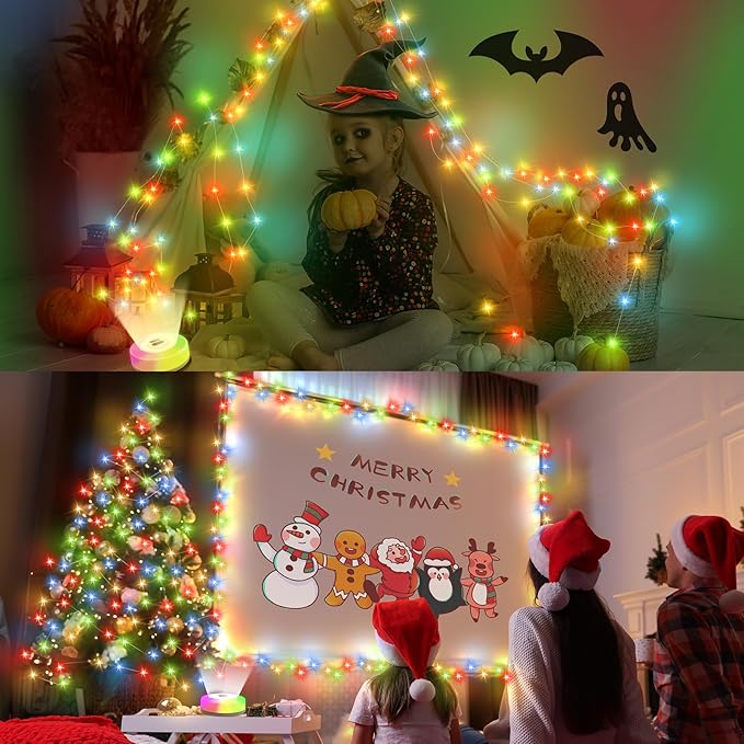 Camping String Lights, 4 in 1 Quick Storage 32.8FT Rechargeable Tent Lights with 6 Modes Hanging Waterproof Camp Lamp Camping Essentials for AwnTent Hiking Yard Garden Bedroom Festival -Multicolor