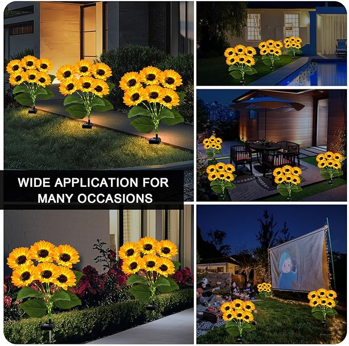 2 Pack with 12 Solar Sunflower Garden Lights Warm White LED Outdoor Decorative Stake Lights for Yard, Patio, Lawn, Pathway, IP65 Waterproof, Ideal Gift for Women, Mom, Grandma, Friends