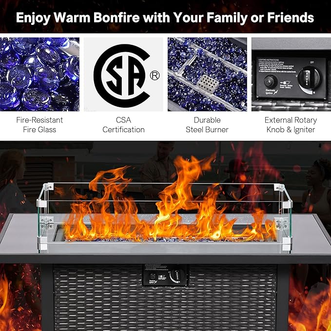 5 Piece Patio Furniture Set with 43" Propane Fire Pit Table, Outdoor Wicker Conversation Set, Rattan Modern Sectional Sofa Couch with Coffee Table for Backyard Porch Garden Poolside, Yellow-Beige