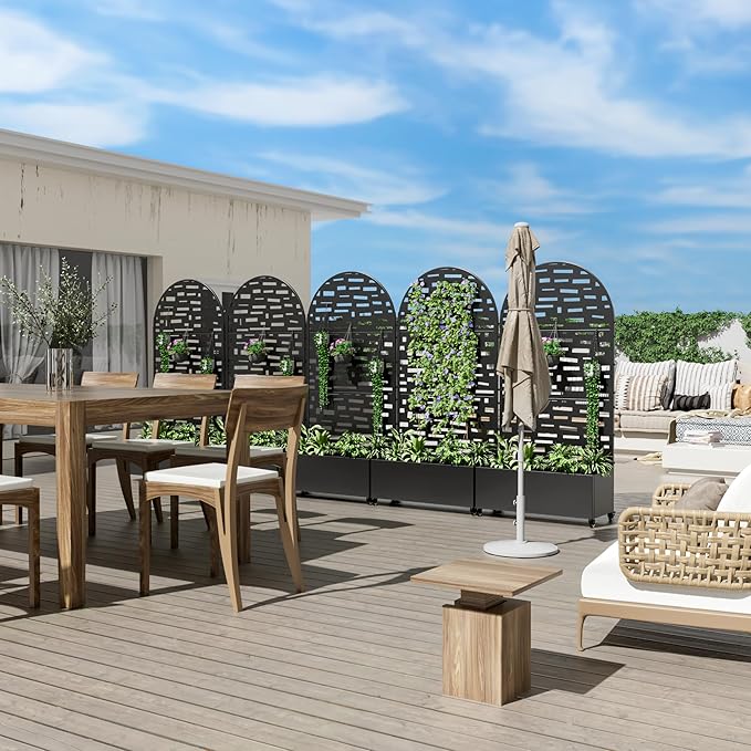 Casaphoria Metal Raised Garden Bed with Trellis and Wheels, 72"x35"x16" Arched Planter Box for Climbing Plants, Vegetables & Vines, Features Drainage Holes and Privacy Screen (Black-Gerald)