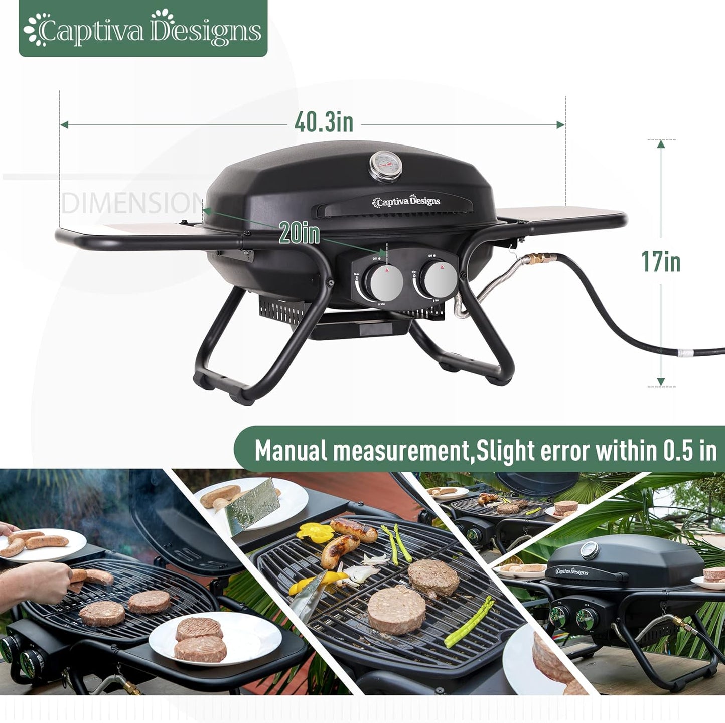 Captiva Designs Portable Propane Grill, 15,000 BTU Output TableTop Liquid Gas Grill with 2 Stainless Steel Burners, 275 sq.in. Cooking Area with Side Tables