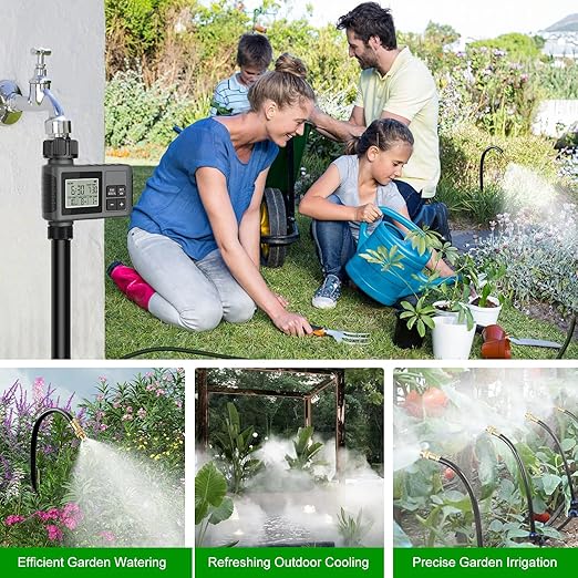 60FT Drip Irrigation System with Water Timer โ Automatic Garden Watering Kit with 360ยฐ Bendable Hose & Adjustable Nozzles, Smart Irrigation System for Greenhouse, Lawn, Yard & Plants