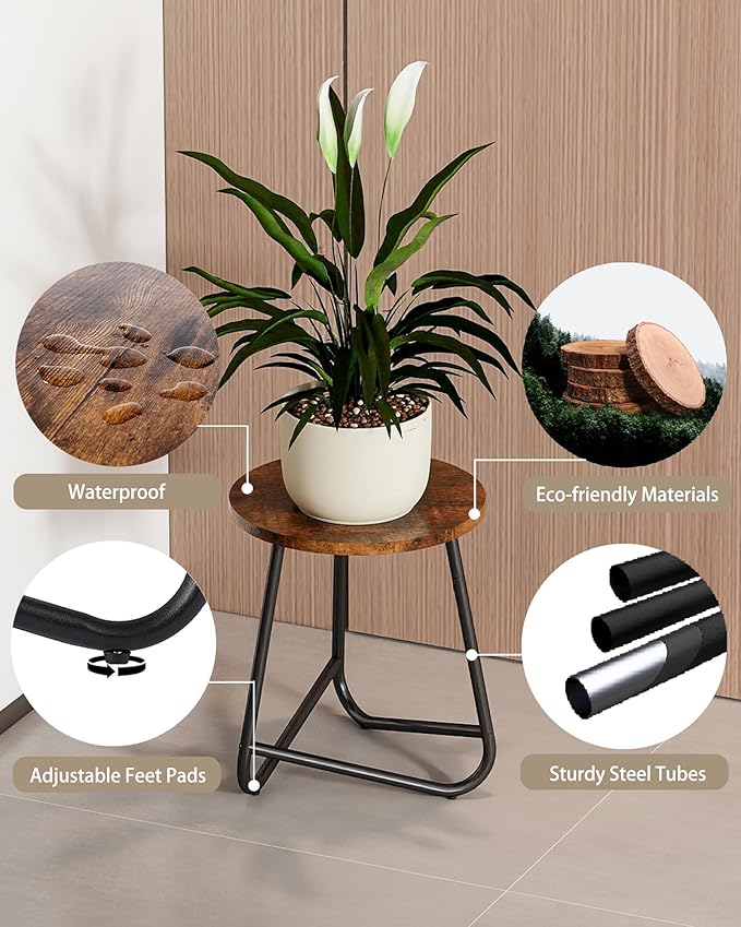 Indoor Plant Stand,Mid Century Wood Stand Plant Table,Modern Plant Stool for Outdoor,Metal Tall Holder for Flower Pots,Small Round Side End Table (Rustic Brown, 19 inch set of 2)