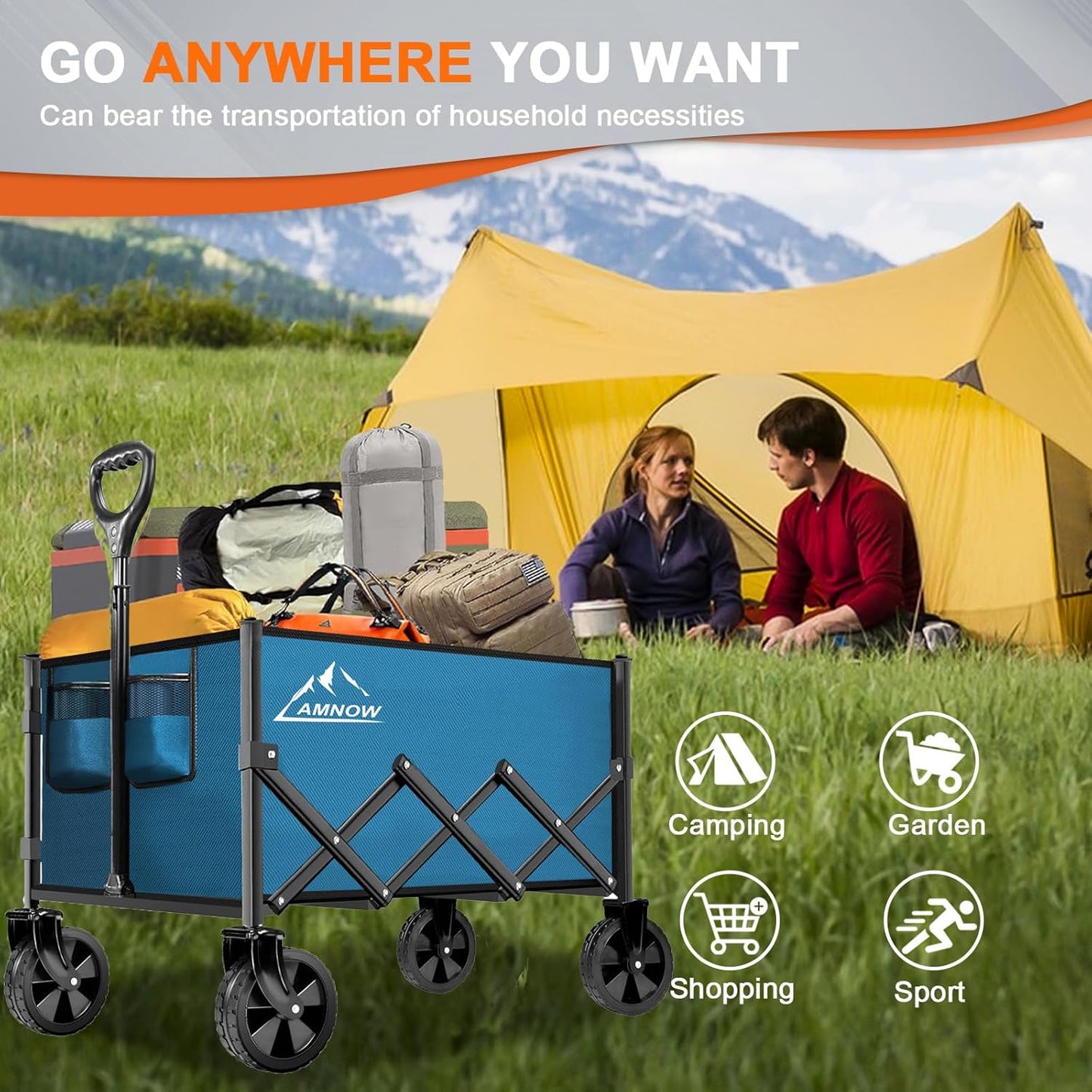 Collapsible Folding Wagon Cart, 350LBS Utility Large Capacity Cart Foldable Wagon with All Terrain Wheels, Grocery Wagons Carts for Garden Shopping Sports Camping, Blue