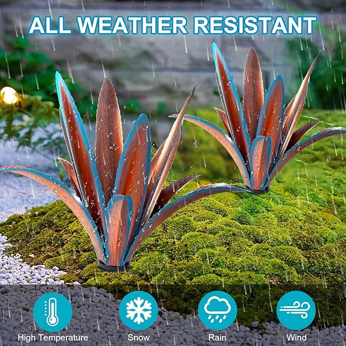 Enlarge thickened Wind Resistant Metal Agave Garden Art Metal Plant Country Garden Sculpture Statue Outdoor decoration Agave Metal Plant Courtyard Garden Lawn Ornament Gift (2, 12 Leaves blue)