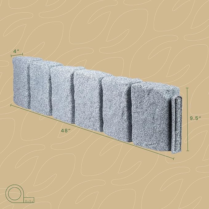 Beuta Landscape Edging | Garden Edging Border | Faux Stone Block XL for Lawn Edging, Flower Beds & Yard Edging – 10 Pack | Each Section Has 6 Blocks 48" L x 4" W x 9.5" H | 30 Spikes | Greystone