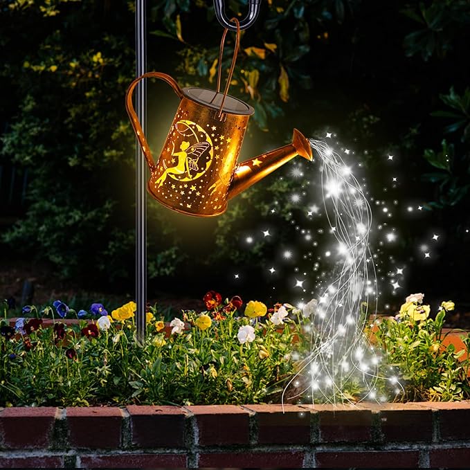 Big Solar Powered Watering Can Lantern & Moon Fairy Garden Decor Set Outdoor Waterproof Hanging Path Lights with Shepherd Hooks, Perfect Patio Decor Gardening Gift for Women, Mom, Grandma (Cool White)