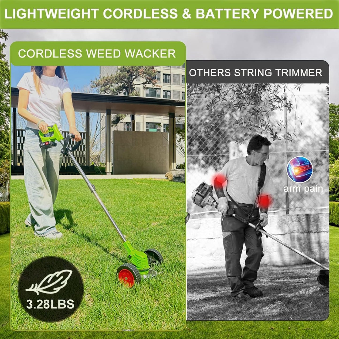 Electric Weed Wacker Eater Battery Powered, Cordless 21V Weed Trimmer with 2 Battery Operated & Charger & Wheels & Shears, 3 in 1 Lightweight Grass Trimmer/Edger/Brush Cutter for Garden Yard Lawn