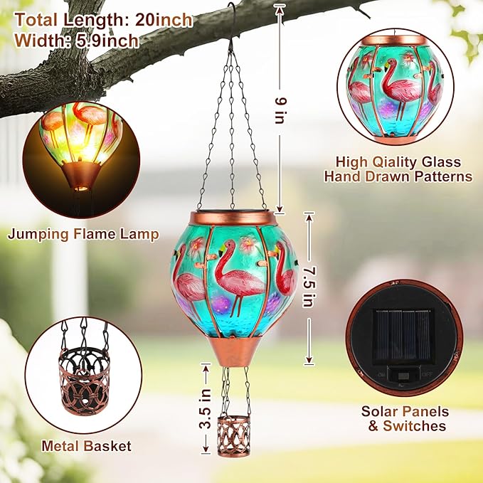Flamingo Solar Hot Air Balloon Lantern,Outdoor Decor with Flame Lights Waterproof, Hanging for Garden Yard Lawn Patio, Unique Gifts for Women Mom Grandma Gardener for Mother'Day Christmas