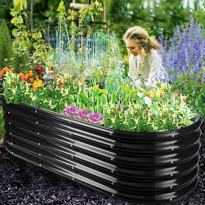 17" Tall Outdoor Garden Raised Garden Bed Kits, 5ft X 2ft Oval,0.8MM Thick Metal Raised Planter Bed/Ground Planter Box for Variety of Flowers,Herbs,Vegetables (Black, 60X24X16.5 Inches)