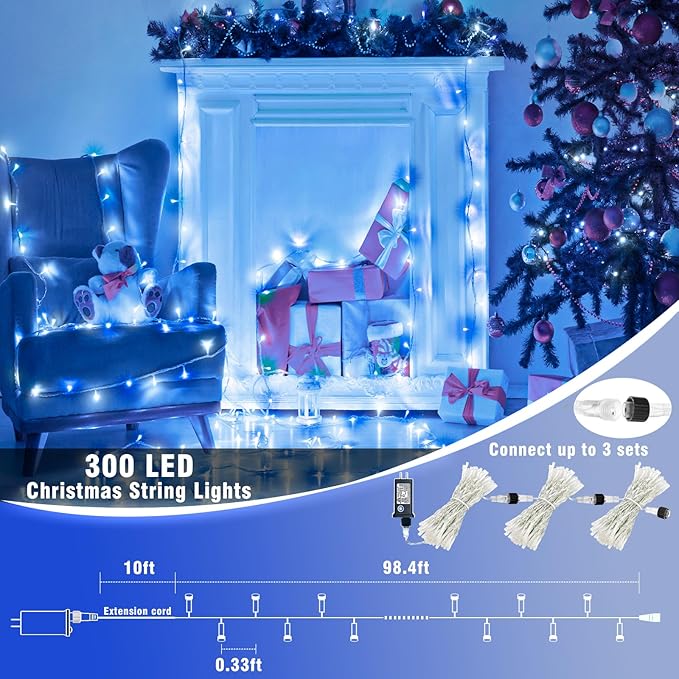 300 LED Christmas Lights Outdoor - 99ft Extra Long Christmas String Lights 8 Modes Plug in Waterproof Fairy Lights with Timer Memory for Indoor Outside Bedroom Home Party Decoration, Blue&White