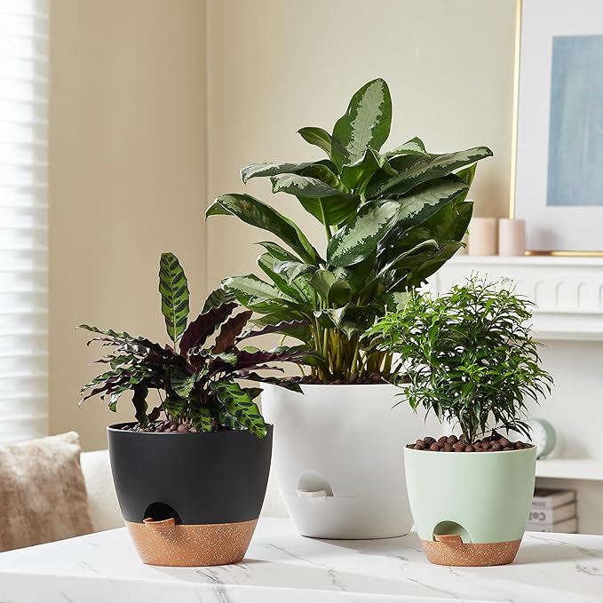 FaithLand 3-Pack Large Planter Pots, 12 10 9 Inch Self Watering Flower Pots for Indoor Outdoor Garden Plants, Green with Brown