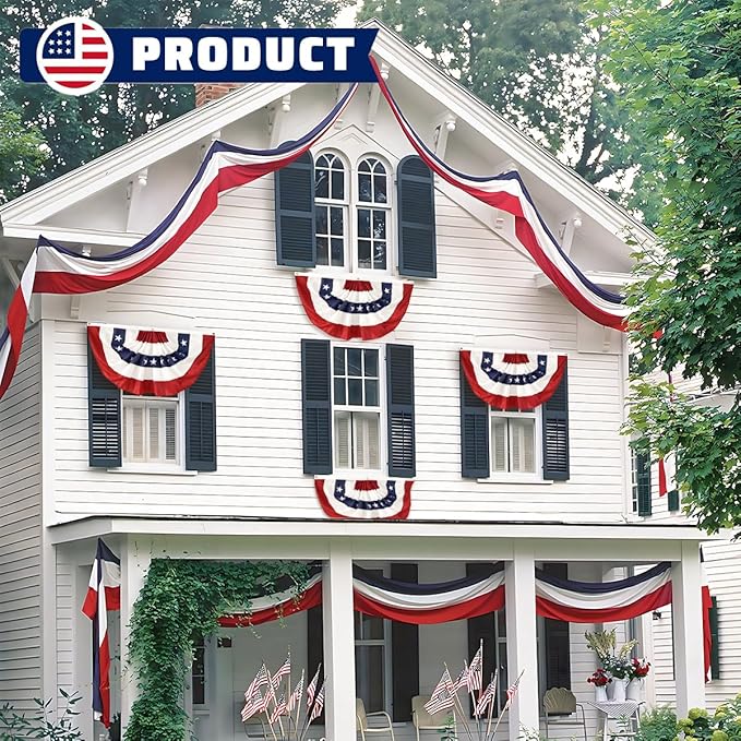 3Pack USA Pleated Fan Flag, 2x4 Feet American Bunting 4th of July Decorations Flags Patriotic Decor Embroidered Stars & Sewn Stripes Canvas Header Brass Grommets for Outside Porch Garden