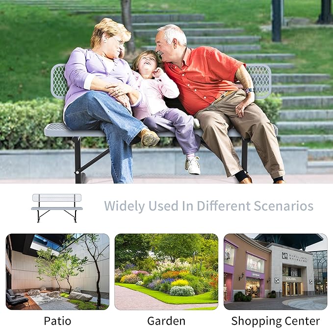 Heavy Duty Park Bench with Back Portable Frame, Outdoor Steel Bench with Backrest, Outdoor Park Bench Expanded Metal Mesh Bench for Lawn, Park, Deck, Garden, Patio, Porch, Black (Gray, 6FT)