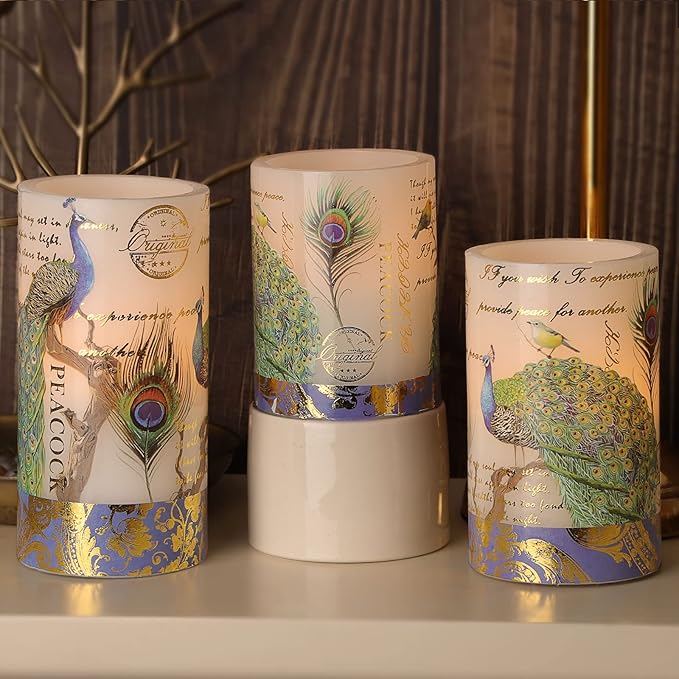 Flameless Peacock Battery Operated Candles With Remote - Flickering Pillar Real Wax LED Vintage Home Decor for Spring, Wedding, Mother's Day Gifts