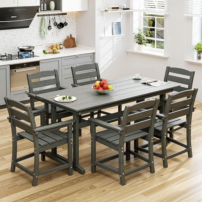 7pcs Outdoor Dining Set, HDPE Patio Dining Set for 6, All-Weather Outdoor Table and Chairs with Umbrella Hole & Adjustable Pads, Modern Patio Furniture Set for Backyard, Poolside &Lawn (Grey)