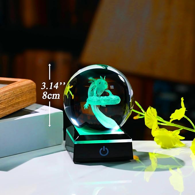 Axolotl Glass Animals Gamer Room Decor - 3D Crystal Ball Night Light Statue, 3.15'' Gamer Gifts for Kids