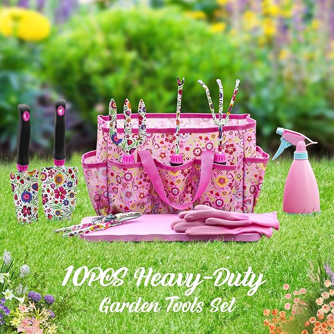 Gardening Tools Set, 10 PCS Stainless Steel Heavy-Duty with Non-slip Soft Rubber Handle with Large Garden Bag, Floral Pattern Gardening Tool Set Gifts for Women Birthday Mother's Day, Pink