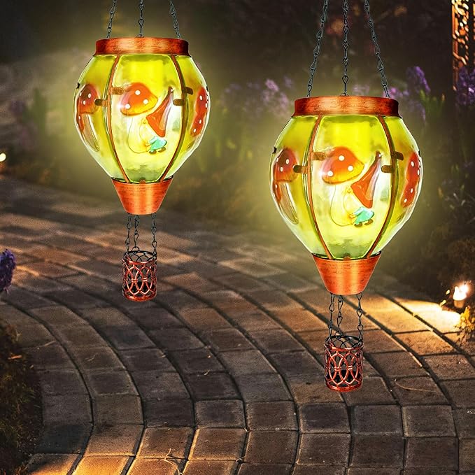 4 Pack Solar Hot Air Balloon Lantern with Flame, Mushroom Gnome Glass Solar Hanging Lanterns Outdoor for Outside Garden Patio Tree Porch Yard, Mushroom Gifts for Women Grandma Mom - Mushroom