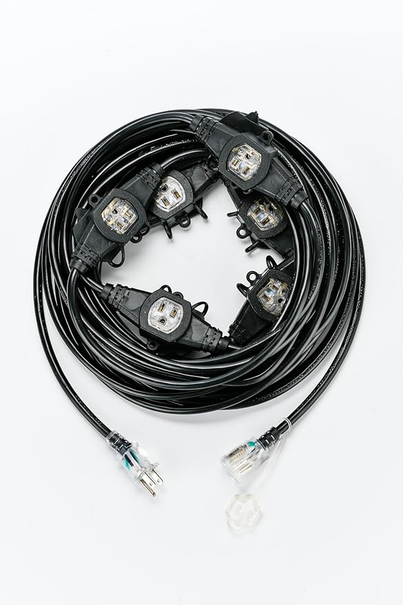 50FT 14 Gauge Heavy Duty Multi-Outlet Extension Cord, 7 Evenly Spaced Weatherproof Outlets, Great for Stage Backdrops, Landscape Garden Lighting, Christmas Halloween Decorations ETL