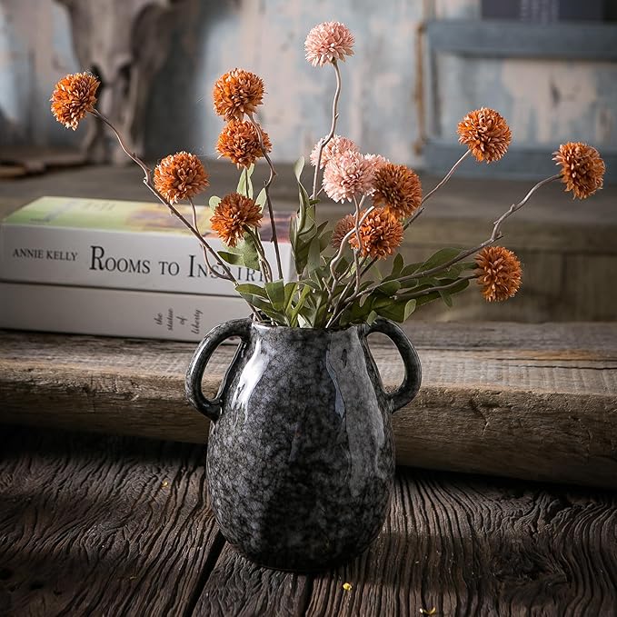 Black Ceramic Vase with 2 Handles, Modern Farmhouse Decor, Rustic Terracotta Pottery, Decorative Flower Vases, Clay Small Vase, Centerpiece for Dining Table - 7 Inch Tall