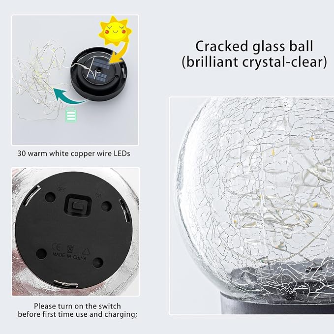Solar Snail Garden Lights - 2 Pack Cracked Glass, Warm White Metal, Waterproof for Patio Yard Lawn