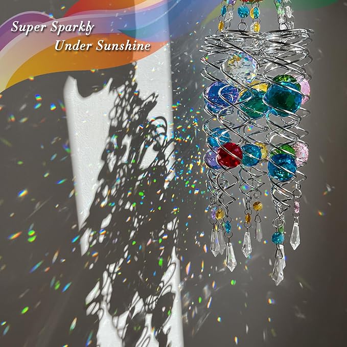 FONMY Butterfly Sun Catcher Gazing Ball Wind Spinner Rainbow Maker Silver Spiral W/ K9 Blue Crystal Ball Christmas Gfit Tree Hanging Ornament Indoor Outdoor Garden Decor. 19.5inch H