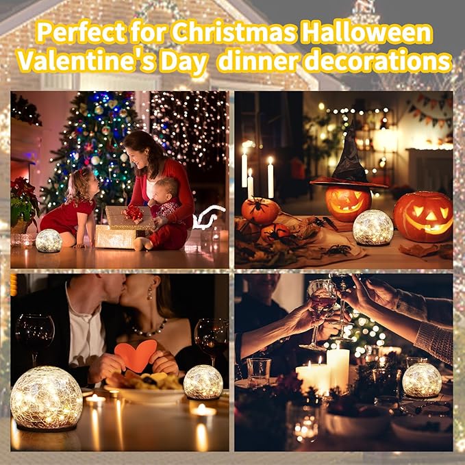 Solar Globe Lights, Cracked Glass Solar Waterproof Warm White LED Ball Lights for Yard Pathway Patio & Lawn Decor (Warm Colors, 2 Pack, 3.94")