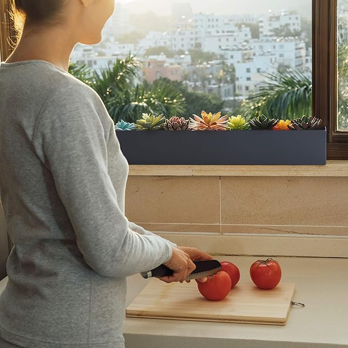 DR&Co Modern Grey Rectangle Planter Box, 16" Metal Planter Perfect for Succulent, Narrow Box for Table or Window Sill, Rectangular Stainless Steel Long