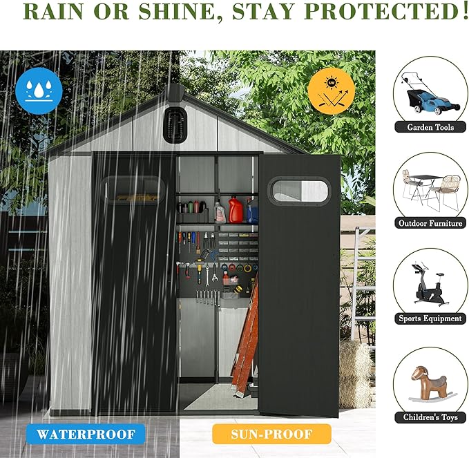Domi 6x6FT Outdoor Resin Storage Shed with Transparent Windows & Louvered Vents, Plastic Tool Shed with Double Lockable Doors & Gable Roof, Outside Garden Shed for Backyard, Patio, Lawn, Grey
