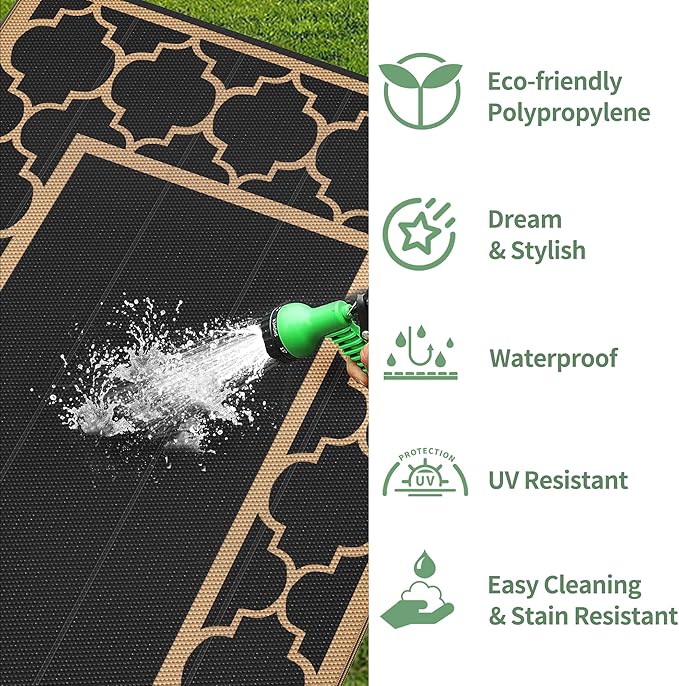 GENIMO 6' x 9' Outdoor Rug Waterproof for Patio Decor, Foldable Reversible Plastic Straw Area Rugs Mat for Camper, Outside Carpet for Rv, Deck, Porch, Picnic, Beach, Balcony, Black & Brown