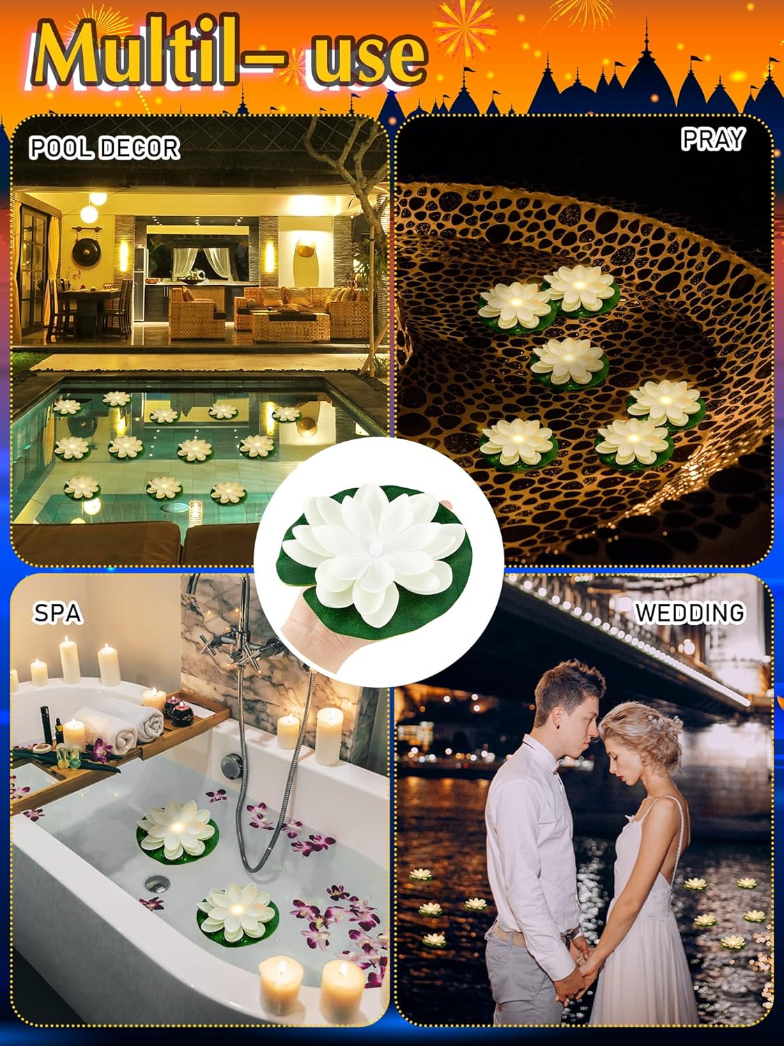 Hortsun 12 Pcs Floating Lotus Lights with Batteries Lily Pads Pool Flowers Diwali Pooja Decorations Floating Candles Decor for Pool Pond Outdoor Indoor(5.91 Inch,White)