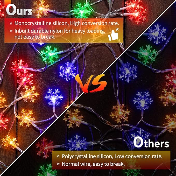 Solar Christmas Snowflake String Lights 100 LED 39 FT Outdoor Waterproof Fairy Lights with 8 Lighting Modes for Wedding, Party, Tree, Room, Garden, Patio, Yard, Home, Multicolor