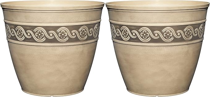 Classic Home and Garden Indoor/Outdoor Round Corinthian Resin Flower Pot Planter, Concrete Grey, 10" (Pack of 2)